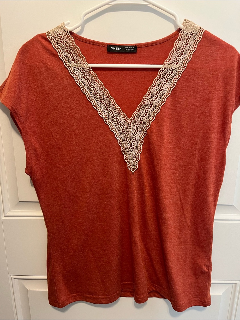 SHEIN Rust Short Sleeve Tee with Cream Lace V-Neck